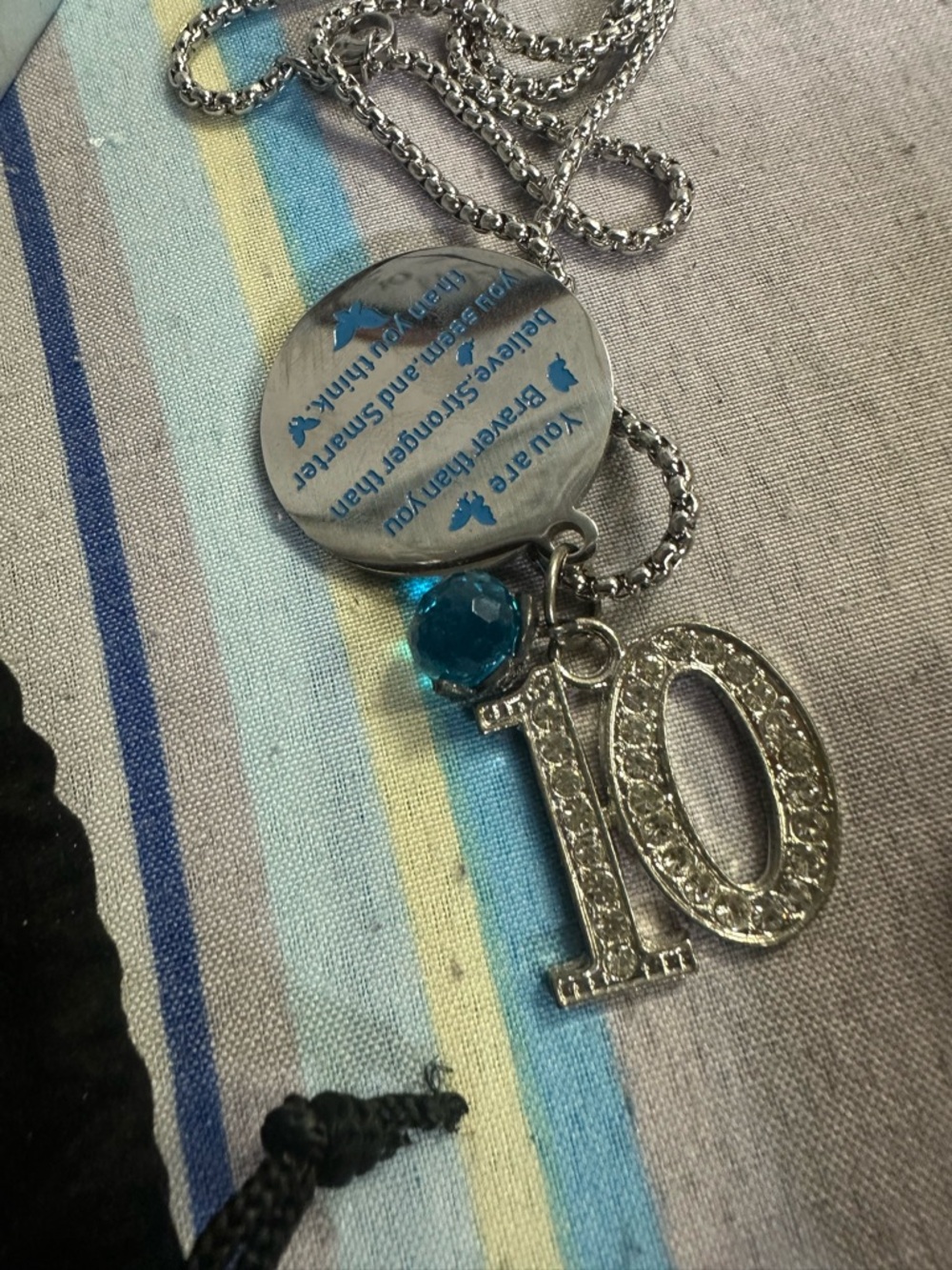 Silver '10' Number Pendant Necklace with Blue Crystal Accent